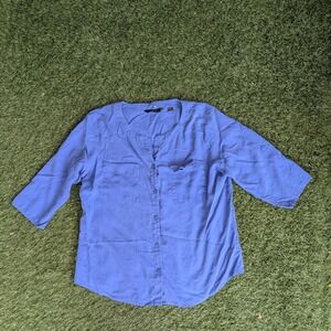 Investments Womens 100% Silk Blue Roll Tab Sleeve Button Up Blouse Petite Large